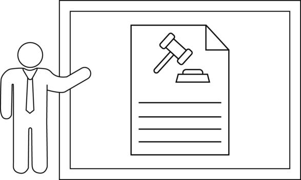 Man presenting a document with a gavel and stamp likely legal context vector