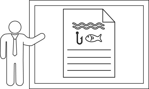 Man in tie points to a fishing document on an easel featuring hook fish waves and text lines vector