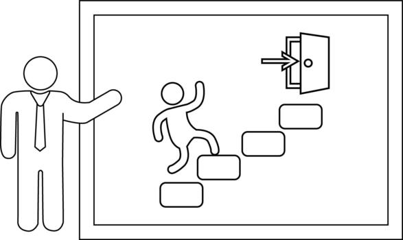 un persona gestos a un dibujo de un figura ascendente escalera hacia un puerta con un flecha señalando dentro vector
