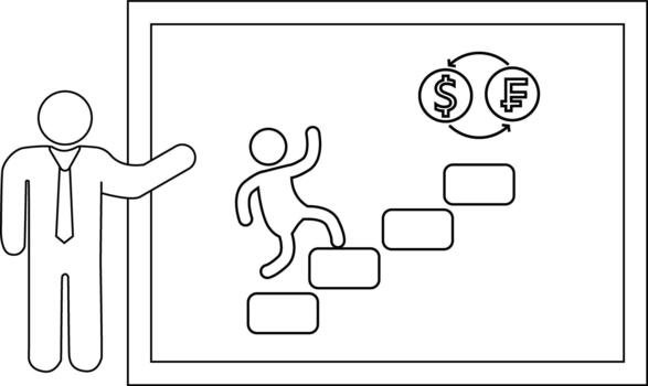 A presenter illustrates currency conversion on a screen showing an upward trajectory with symbolic steps vector