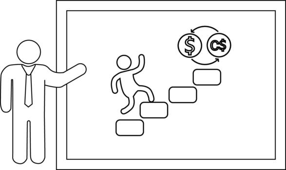 A presenter points to a whiteboard display of a figure climbing steps toward US and Canadian currency symbols with arrows exchanging them vector