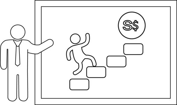 A stick figure climbs steps toward a S symbol on a chart presented by another figure vector