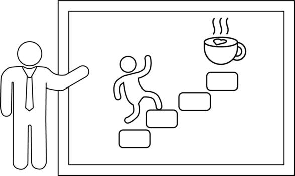 un palo figura hombre presentación un gráfico de otro palo figura alpinismo pasos a alcanzar un humeante taza de café con un corazón vector