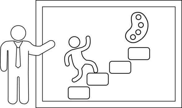 A stickfigure presentation man explaining steps to artistic success represented by a palette on stairs vector