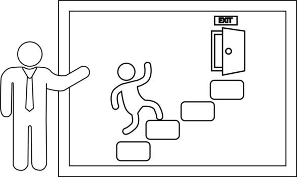 A whiteboard drawing shows a stick figure climbing stairs to an exit sign pointed to by a figure in a suit vector
