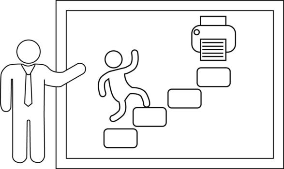 An illustration shows a presenter steps and a printer in a frame vector