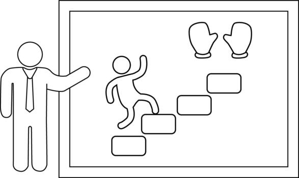 Business presentation of career steps with gloves at the top stick figures and rectangles vector