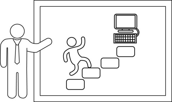 Man presents a chart with stairs a figure climbing toward a desktop computer vector