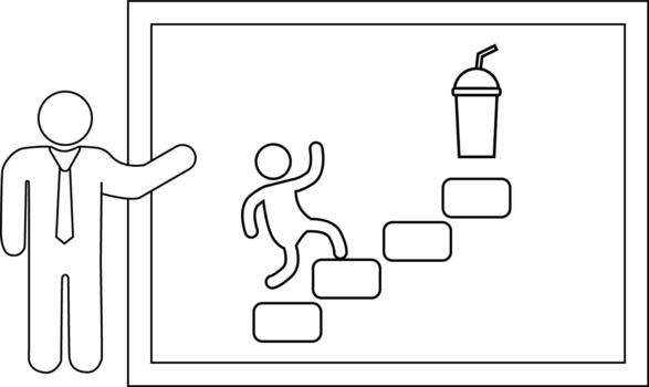 Outline drawing of a person presenting a chart with steps leading to a beverage vector