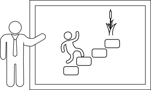 presentación demostración un persona alpinismo pasos a alcanzar un espadaña junto a un en pie figura en un Corbata vector