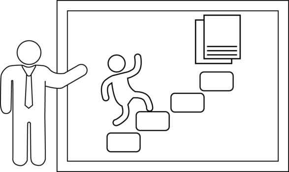 Presentation with a stick figure climbing steps towards papers explained by a presenter vector