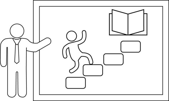 Stick figure climbs steps toward open book in a presentation with a man pointing vector