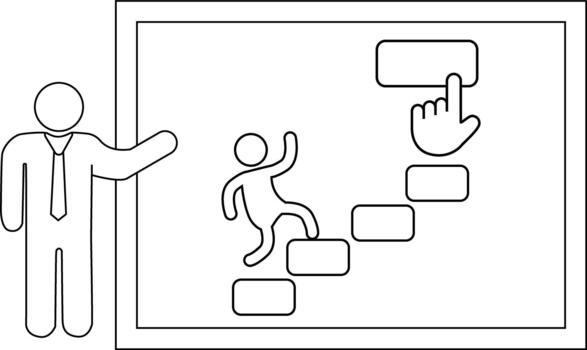 Stick figure gestures towards diagram of another stick figure climbing steps with a hand pointing to the top step vector