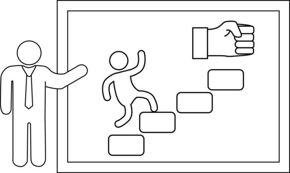 Stickfigure lecturer by board displaying a climbing stick figure and a fist vector
