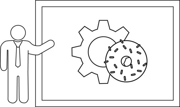 A man stands by a whiteboard displaying a gear and a donut with sprinkles vector