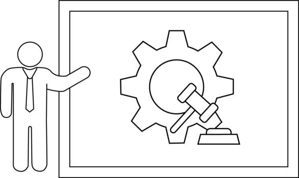 un presentación muestra un engranaje y mazo con un presentador junto a el gráfico vector