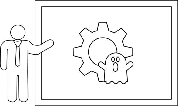 A presenter by a whiteboard showing a gear with a ghost hovering in front vector