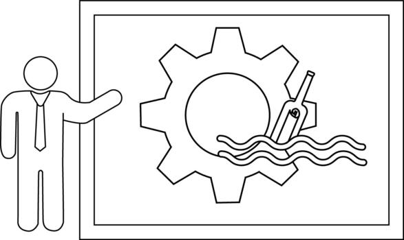 un presentador gestos a un gráfico con engranaje olas y un botella con un Desplazarse vector