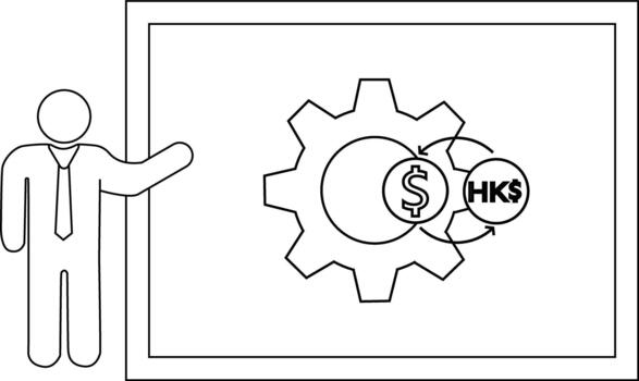 A presenter points to a screen showing a gear system linked to US dollars and Hong Kong dollars vector