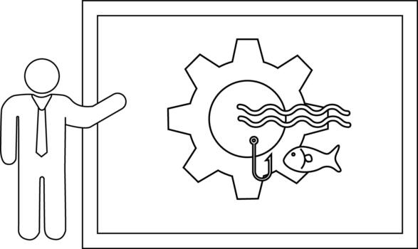 un presentador soportes por un diagrama demostración un engranaje agua un pescado gancho y un pescado dentro un marco vector