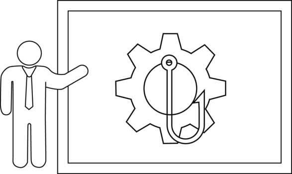 un palo figura gestos hacia un enmarcado imagen de un engranaje entrelazado con un anzuelo vector