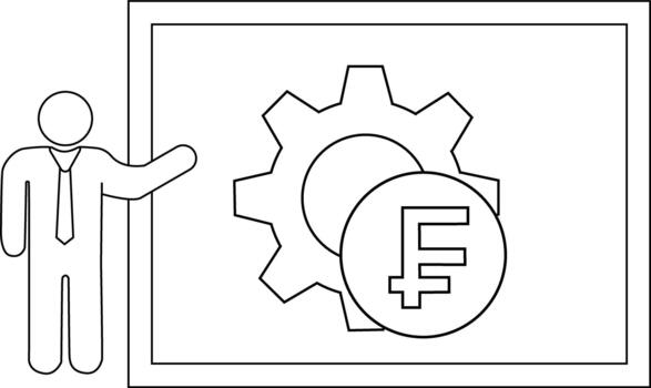 dibujo muestra un persona gesticulando hacia un presentación tablero presentando un engranaje y un símbolo dentro un circulo vector