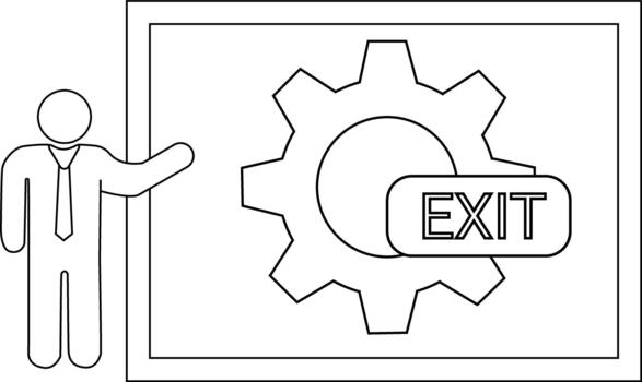 Figure gestures toward a framed screen displaying a gear and an EXIT button vector