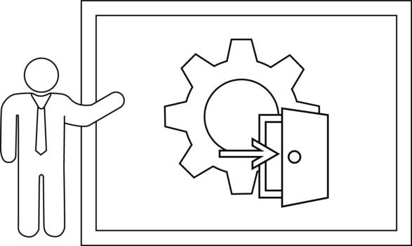 gráfico representa un presentador siguiente a un enmarcado gráfico con un engranaje un puerta y un flecha señalando mediante vector