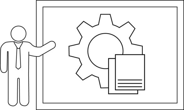 línea dibujo de un palo figura presentación un engranaje y documentos dentro un marco vector