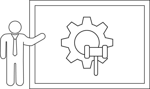 Man in suit presents cog and hammer drawing on a whiteboard vector