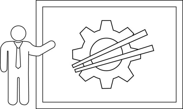 Man presenting a gear overlaid by three lines on a framed display vector