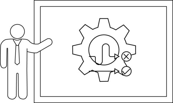 Man presenting a graphic of a gear loop arrow checkmark and X on a screen vector