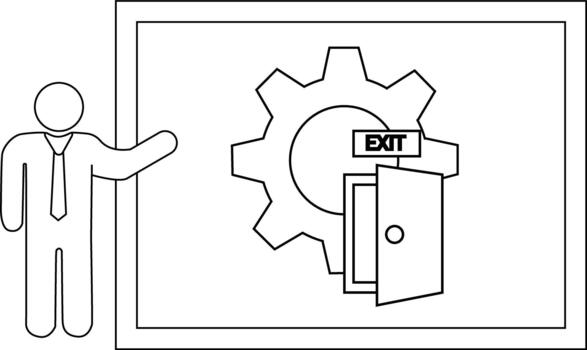 Stick figure presenter gesturing to framed gear with EXIT sign and open door vector