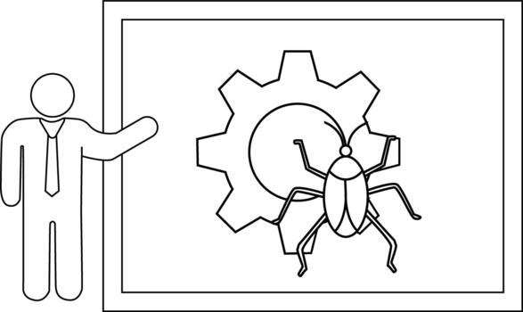Stick figure presenting bug on cog in a frame vector