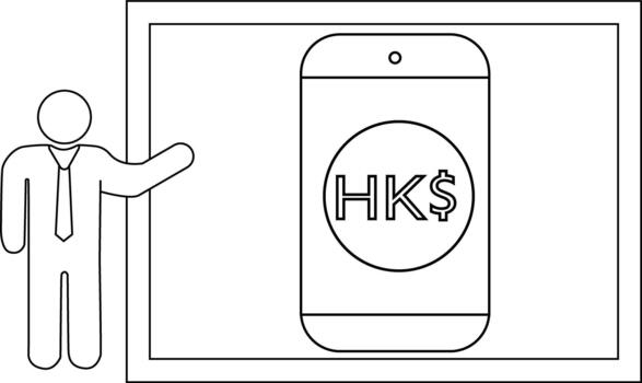 un diagrama muestra un presentador siguiente a un teléfono mostrando hkd moneda conjunto dentro un marco vector