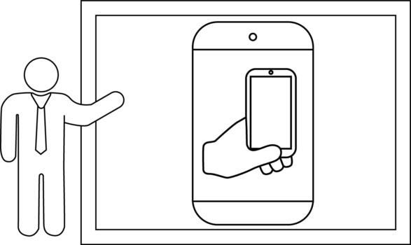un figura soportes siguiente a un presentación de un mano participación un móvil teléfono en un marco vector