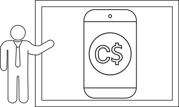 un persona gesticulando hacia un teléfono mostrando el canadiense dólar símbolo en un pantalla dentro un marco vector