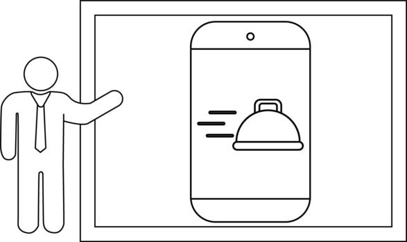 A person in a tie gesturing towards a mobile device displaying a food delivery icon vector