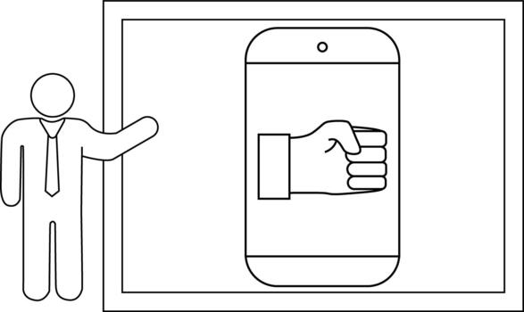 A simplified person presenting a smartphone on a screen with a fist icon inside vector
