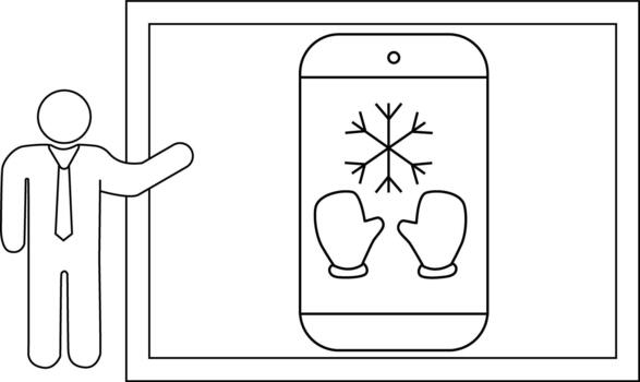 un palo figura puntos a un enmarcado teléfono mostrando un copo de nieve y mitones vector