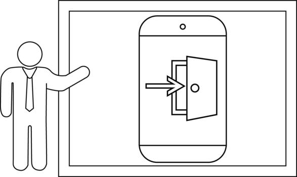 Drawing depicts a stick figure next to a framed image of a phone with an open door and inward arrow vector
