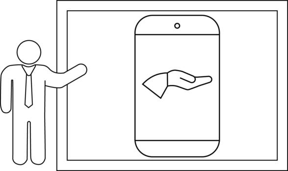 Line drawing of a presenter gesturing to a phone display showing a hand icon set against a bordered background vector