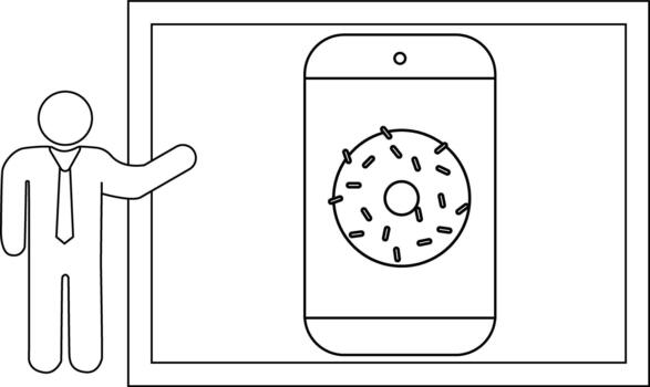 línea dibujo de un persona señalando a un teléfono mostrando un rosquilla dentro un rectangular marco vector