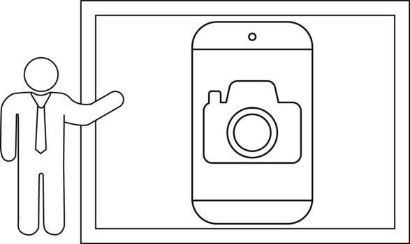 Line drawing shows a stick figure presenting a smartphone with a camera icon displayed on its screen vector