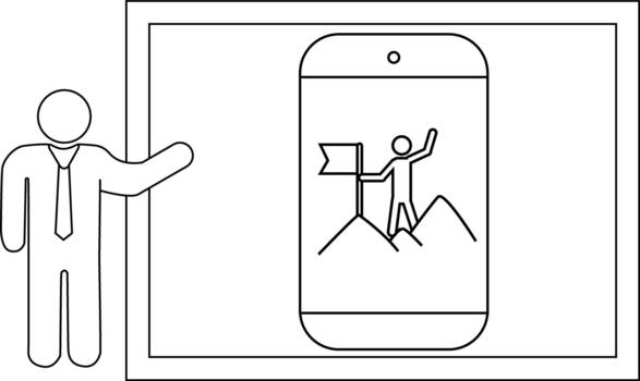 arte lineal hombre presentación teléfono mostrando éxito Corbata montañas y bandera motivo en pantalla rectangular marco vector