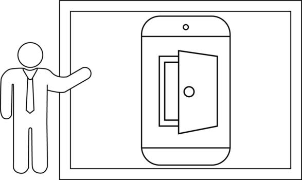 hombre señalando a teléfono inteligente con puerta característica dentro un rectangular marco vector