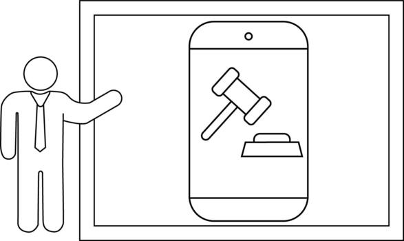 hombre presentación legal aplicación presentando mazo en un teléfono pantalla conjunto dentro un rectangular marco vector