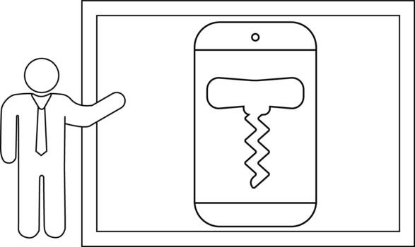 Man presenting phone image with a corkscrew depicted in its screen vector