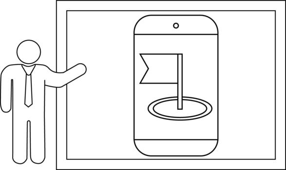 Man presents phone with a flag in a frame in black and white simplified outline style vector