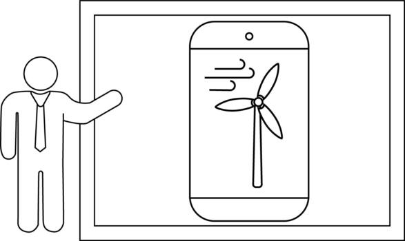 Presenter points to screen showing wind turbine on mobile in frame vector